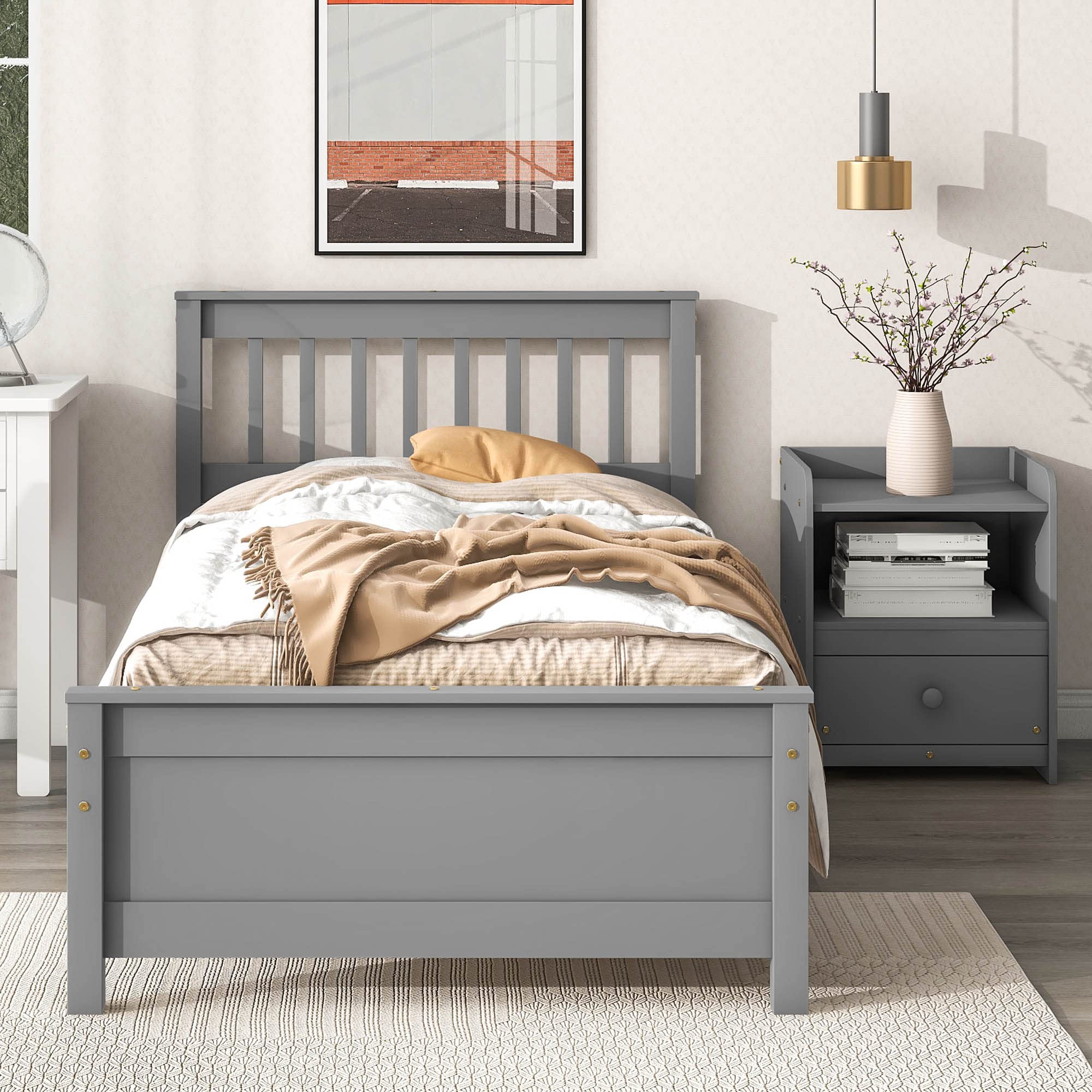 CITYLIGHT Twin Size Platform Bed with a Nightstand, Wooden Twin Bed Frame with Headboard and Footboard for Kids, Teens, Adults, No Box Spring Required (Twin, Gray)