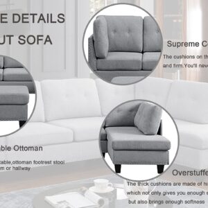 BEEY Modular Sectional Sofa Couch with Reversible Chaise, 3-Seat L Shaped Sectional Couch with Ottoman for Living Room, Right Facing Couch, Light Grey