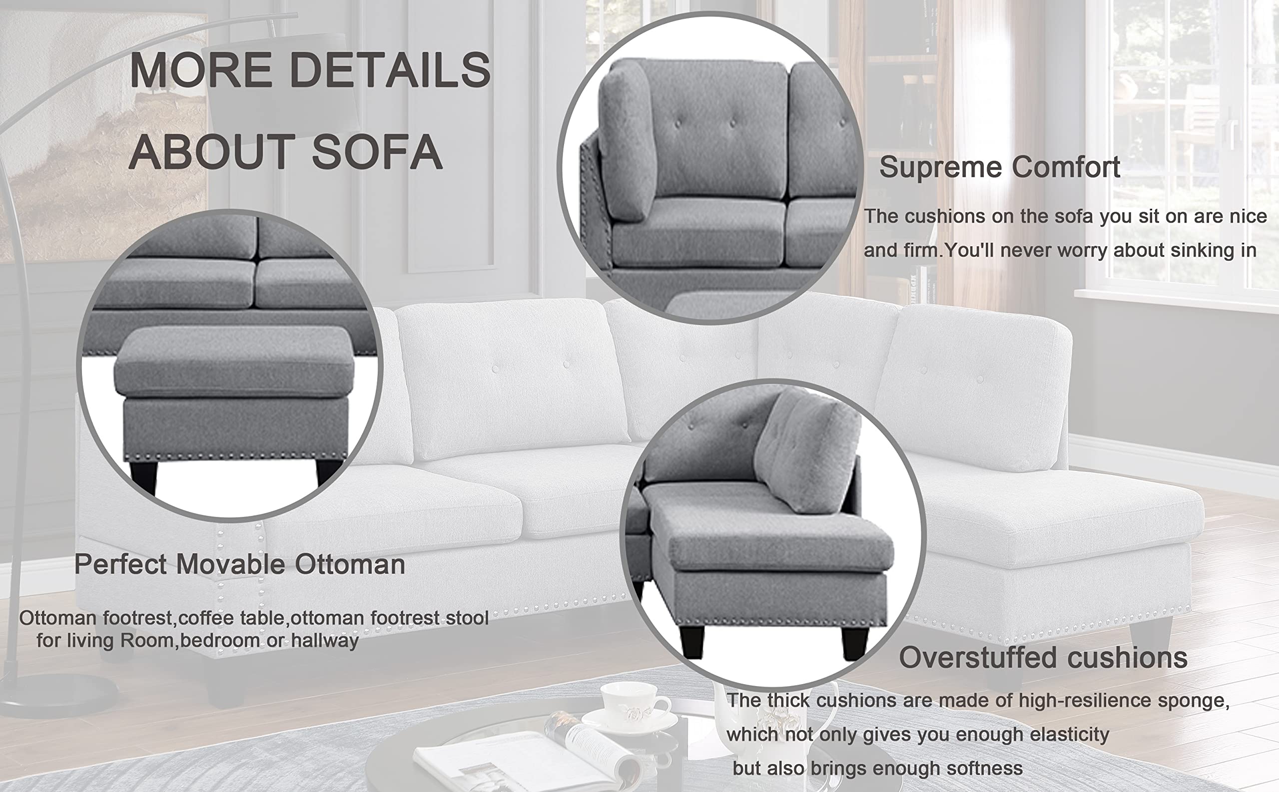 BEEY Modular Sectional Sofa Couch with Reversible Chaise, 3-Seat L Shaped Sectional Couch with Ottoman for Living Room, Right Facing Couch, Light Grey