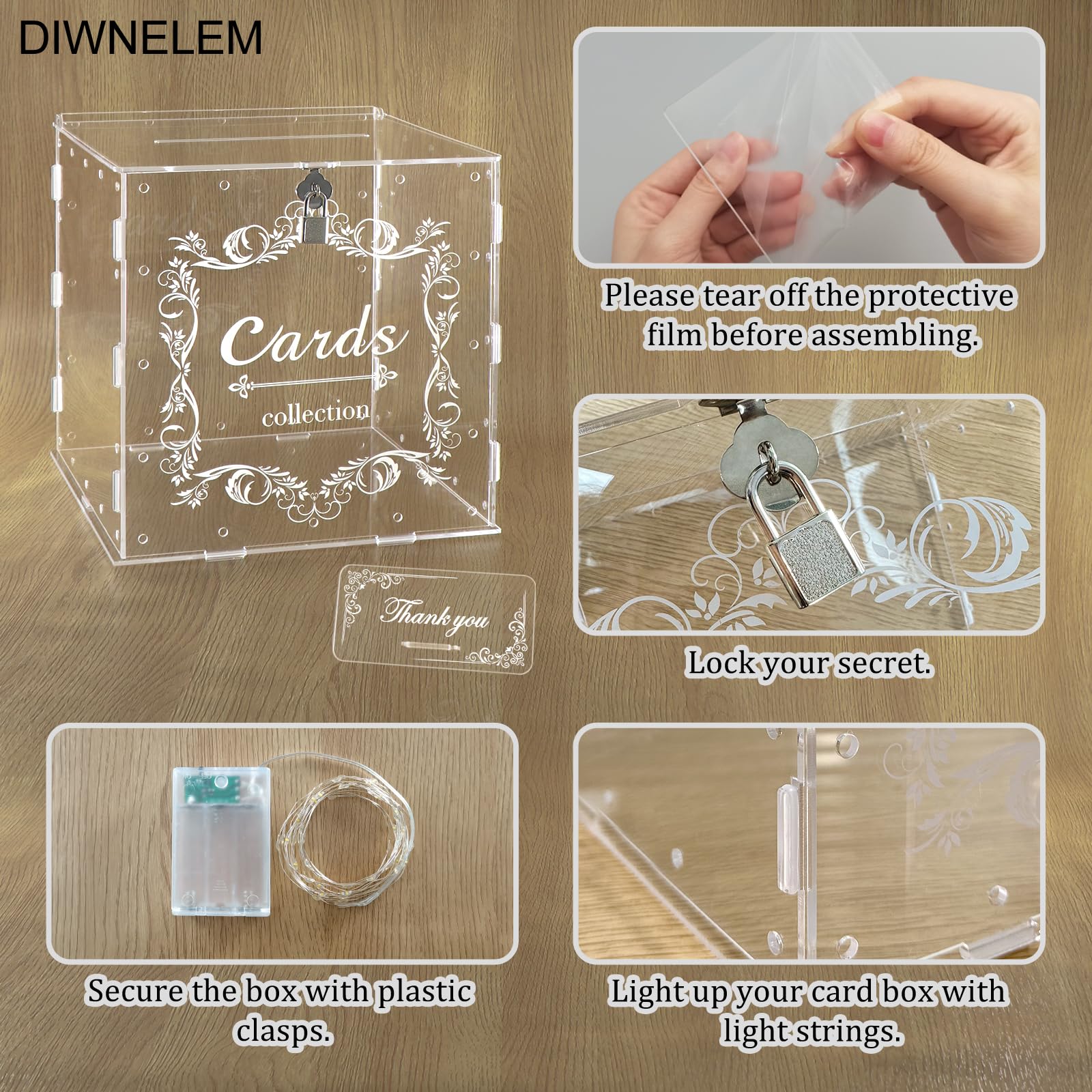 DIWNELEM Acrylic Wedding Card Box with Lock Clear Large Letter Envelope Box Acrylic Wedding Gift Card Box Money Box for Reception Baby Shower Birthday Party Graduation Decorations