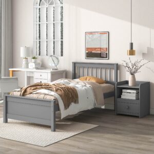 CITYLIGHT Twin Size Platform Bed with a Nightstand, Wooden Twin Bed Frame with Headboard and Footboard for Kids, Teens, Adults, No Box Spring Required (Twin, Gray)