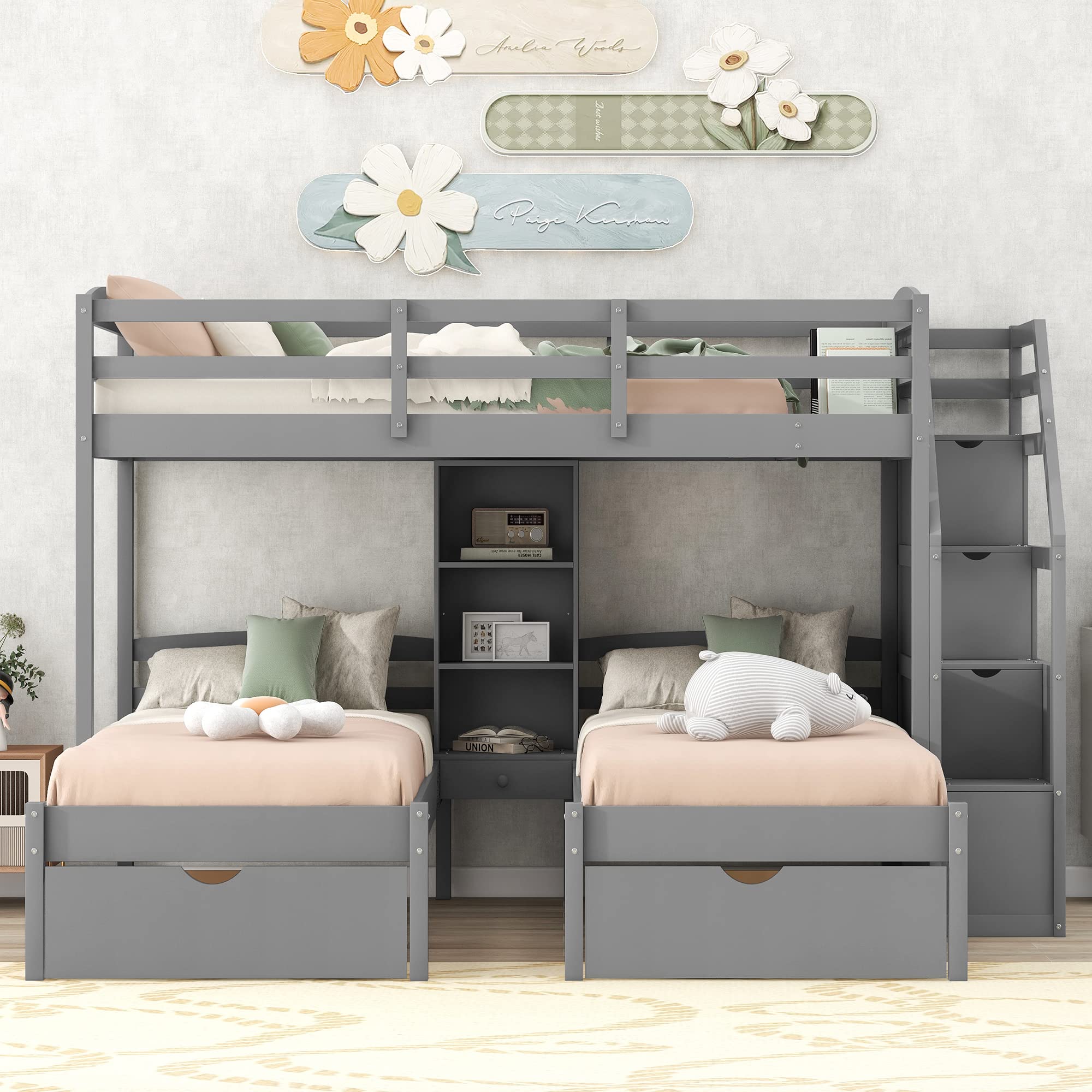 Triple Bunk Beds with Stairs , Wood Twin Over Twin & Twin Bunk Bed with Storage Drawers and Built-in Shelves, Triple Bed for Kids ,3 Bed Bunk Beds with Storage for Girls Boys ,Grey