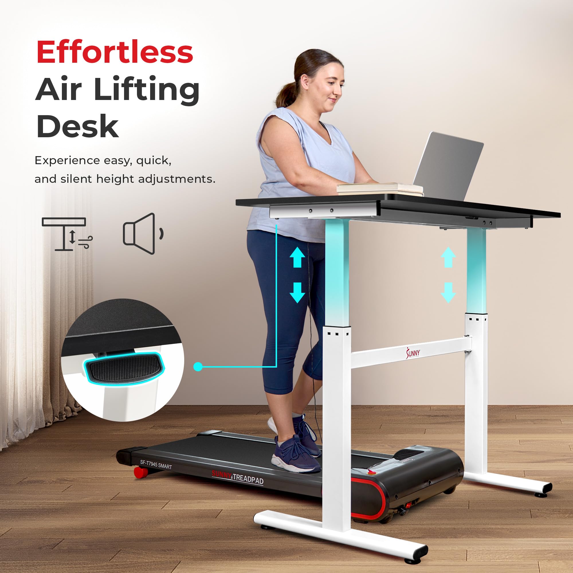 Sunny Health & Fitness Multi-Purpose Air-Drive Adjustable Standing Desk, Pneumatic Air Lifting, Electricity-Free, Scratch-Resistant Surface with up to 47.2" Height, Treadmill Compatible SF-A023001