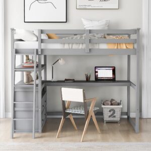 Bellemave Twin Loft Bed with Desk and Storage Drawers Wood Loft Bed with Bookshelf and Ladder for Kids Boys Girls Teens, Gray