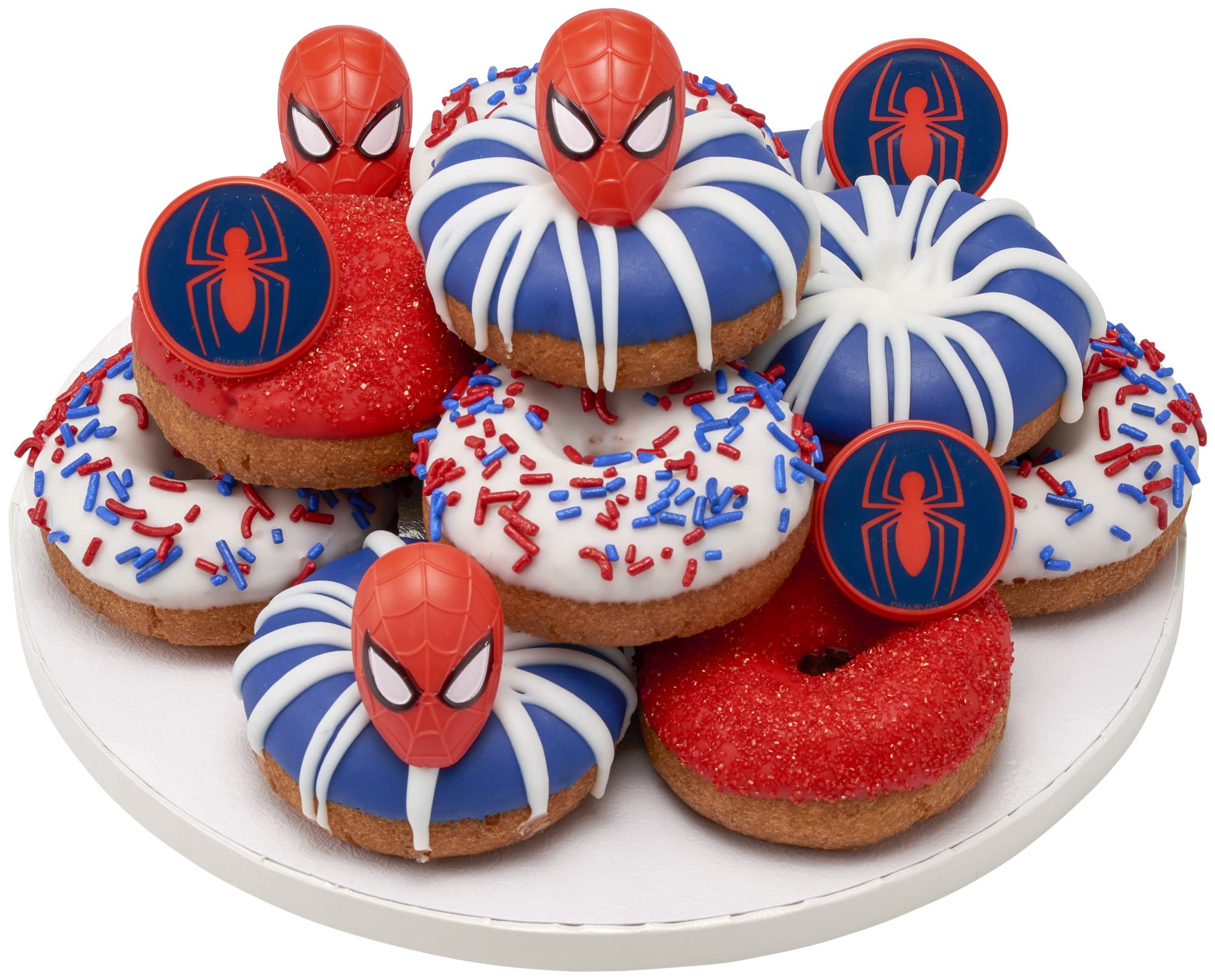 DecoPac Marvel's Spider-Man™ Spider and Mask Rings, Spider-Man Cupcake Decorations, Red and Blue Food Safe Cake Toppers – 24 Pack