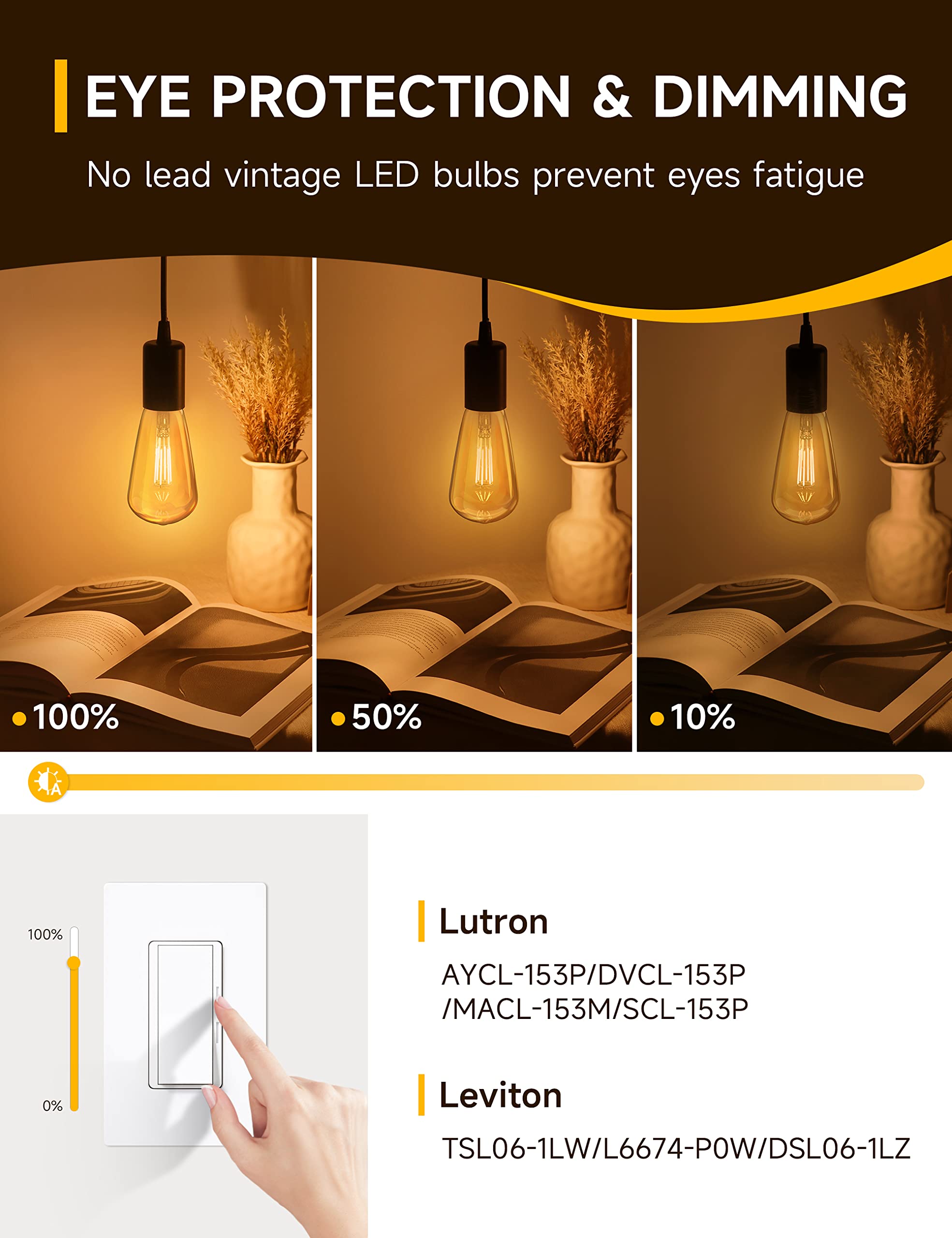 UNILAMP Dimmable LED Edison Bulb, ST64 E26 Base Lighting Vintage LED Bulbs, 6W Vintage LED Light Bulb(60W Equivalent), 600lm, 2200K Amber Warm, High Brightness Amber Glass (2 Packs)