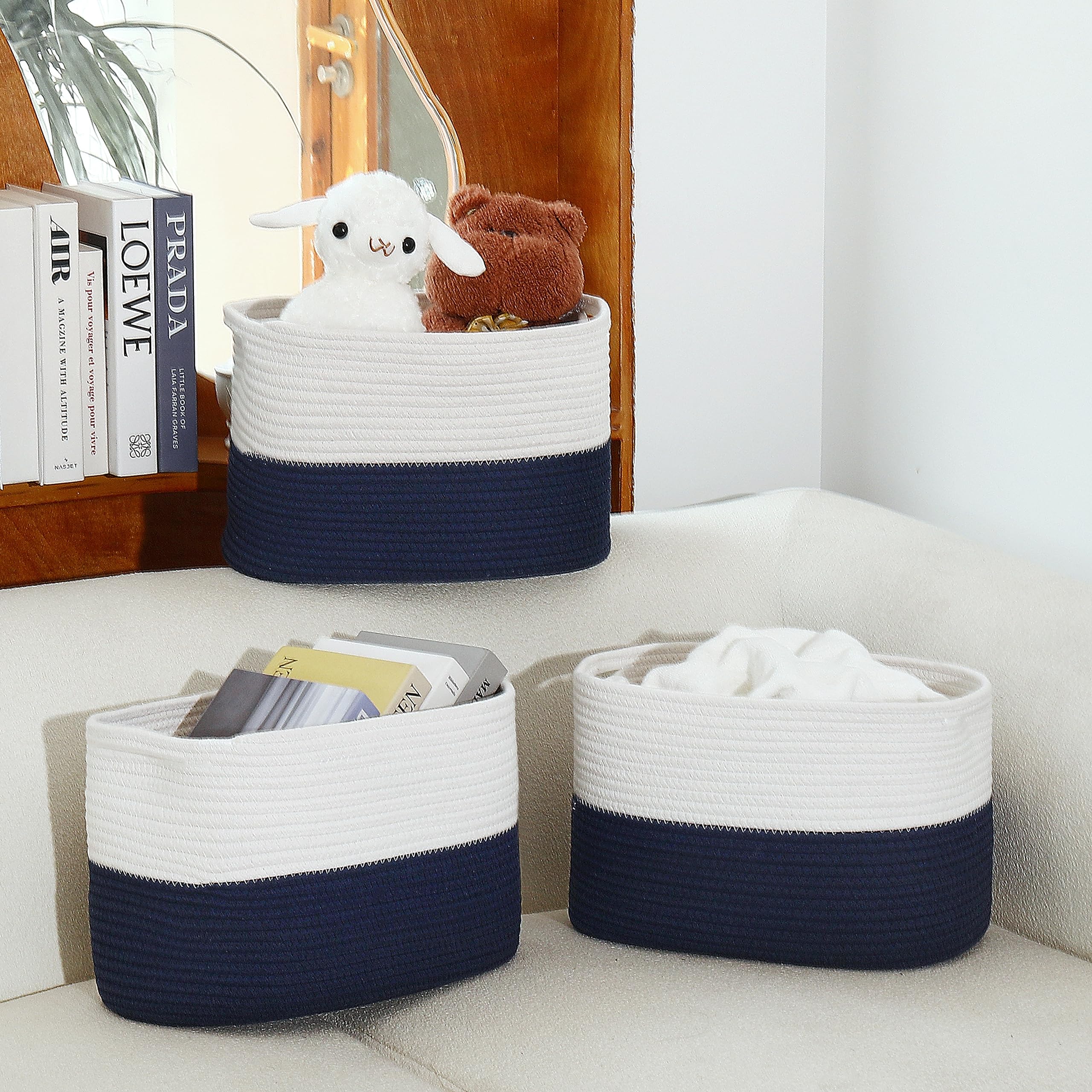 AUSSIY 1 Pack Rope Baskets for Storage Basket, Cotton Rope Woven Basket with Handles. Blanket Basket for Storing Clothes, Toys, Books, Shelves etc, 15''L x 10''W x 9.5''H, Off White