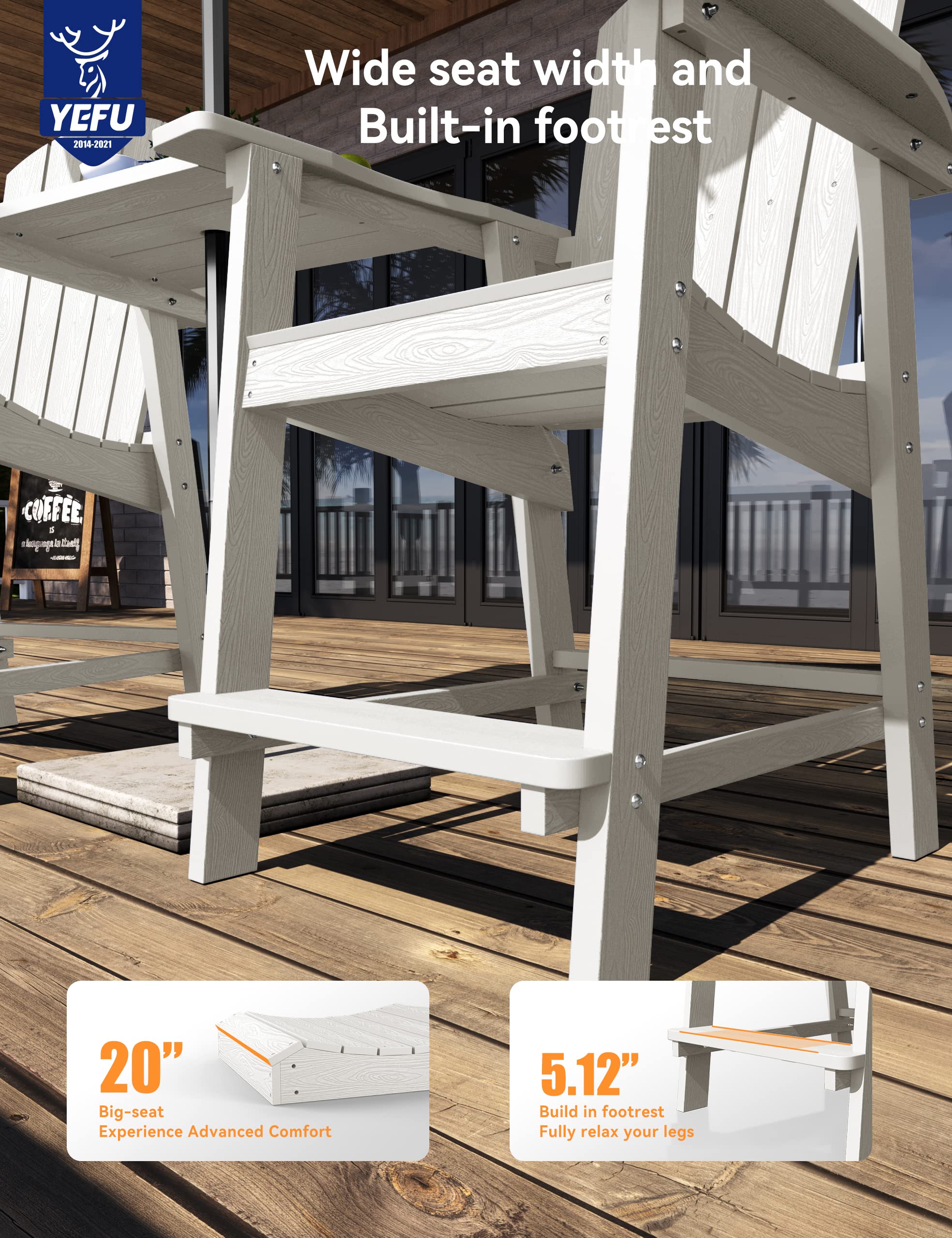 YEFU Balcony Chair, Tall Adirondack Chair Set of 2 with Connecting Tray, Poly Lumber Adirondack Chair Bar Stools, Patio Stools, 380lbs, Weather Resistant for Outdoor Deck Lawn Pool Backyard-White