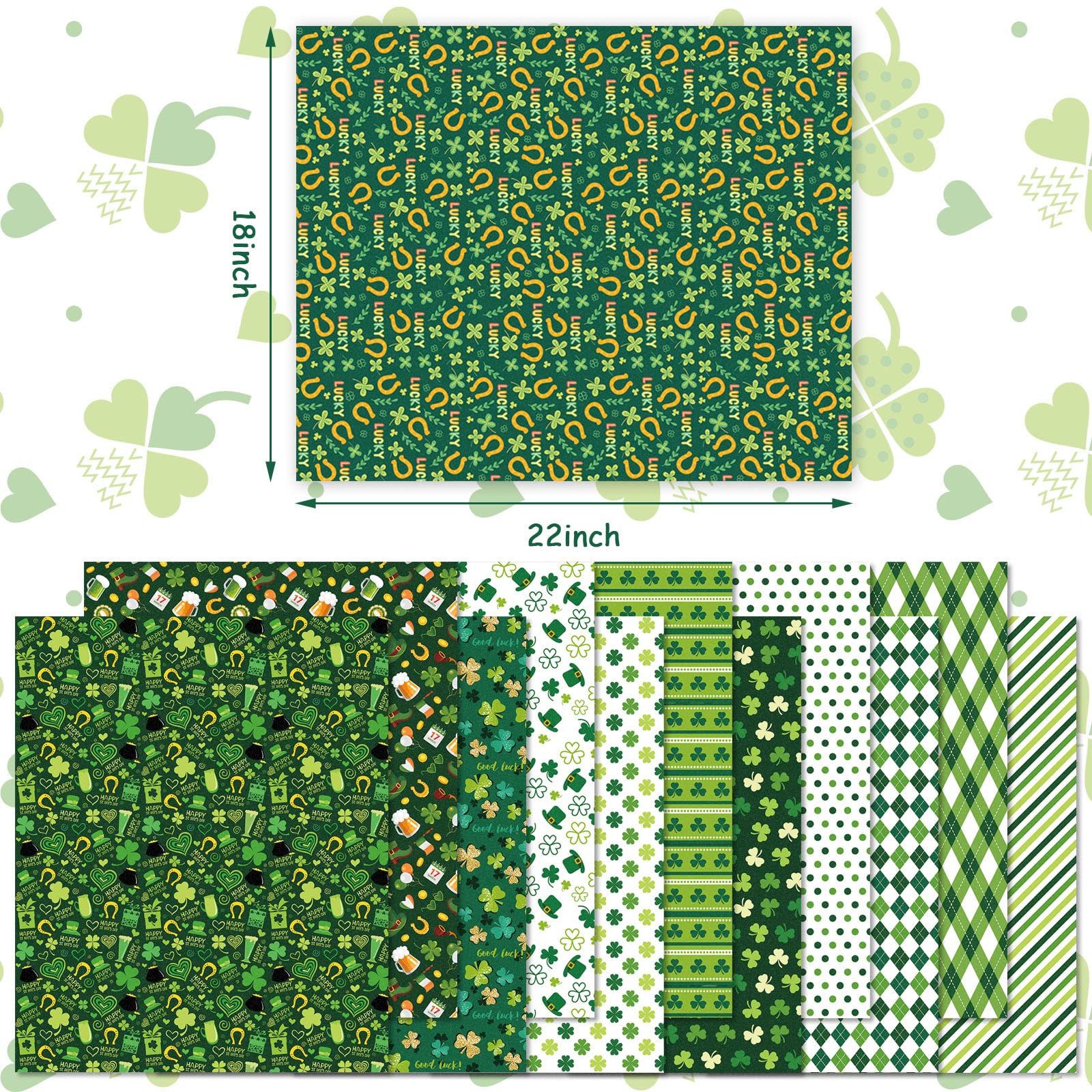 Whaline 12Pcs St. Patrick's Day Cotton Fabric Bundles 18 x 22 Inch Green Shamrock Printed Fat Quarters Lucky Clover Quilting Patchwork Squares Sewing Fabrics for DIY Handmade Crafting Home Party Decor