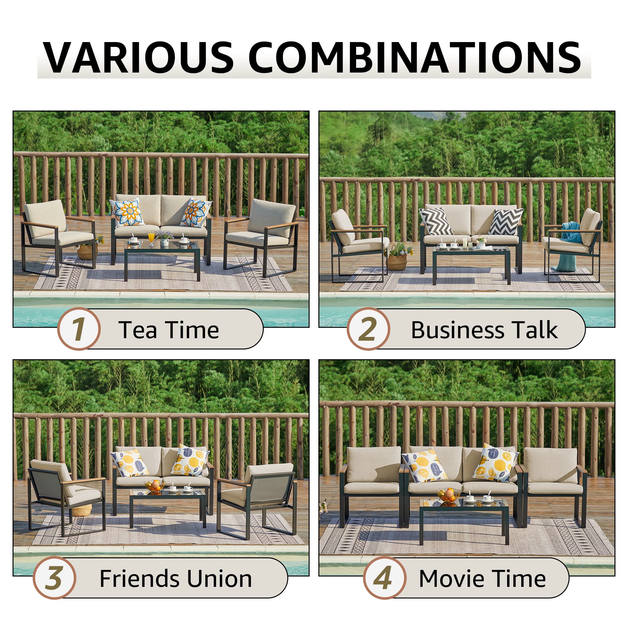 NATURAL EXPRESSIONS 4 Pieces Patio Furniture Sets,Metal Outdoor Patio Furniture Sets,Outdoor Sectional Furniture Patio Conversation Set,Wooden Anti-Scald Armrest,Sling Mesh,4" Olefin Cushions