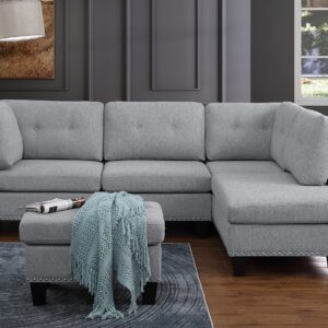 BEEY Modular Sectional Sofa Couch with Reversible Chaise, 3-Seat L Shaped Sectional Couch with Ottoman for Living Room, Right Facing Couch, Light Grey