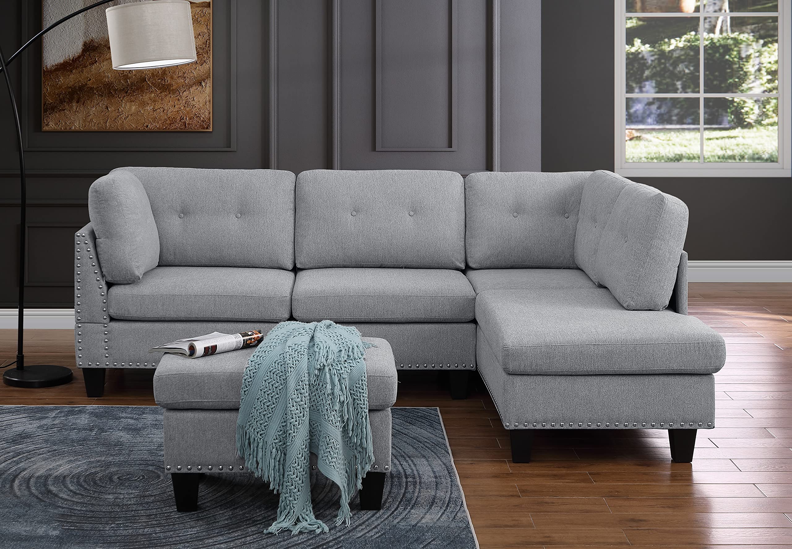 BEEY Modular Sectional Sofa Couch with Reversible Chaise, 3-Seat L Shaped Sectional Couch with Ottoman for Living Room, Right Facing Couch, Light Grey