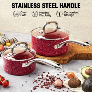 HLAFRG Nonstick Premium 3-Piece Saucepan Set with Glass Lids, Natural Durable Granite Coating, Nonstick, Durable & Oven Safe to 450°F, 1&2&3QT, Red