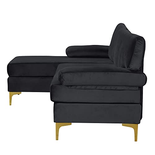 Casa Andrea Milano Modern Sectional Sofa L Shaped Velvet Couch, with Extra Wide Chaise Lounge and Gold Legs