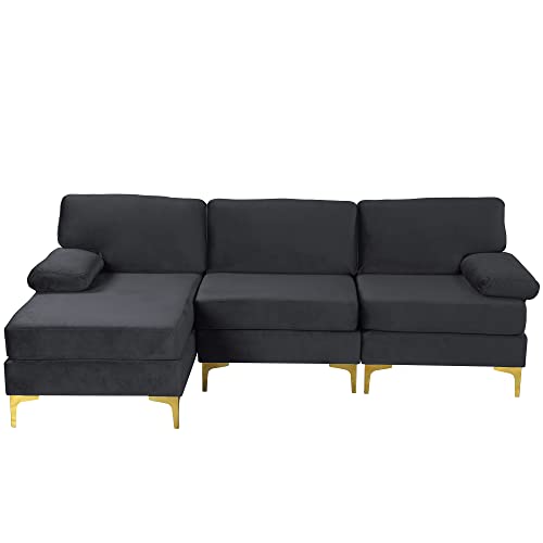 Casa Andrea Milano Modern Sectional Sofa L Shaped Velvet Couch, with Extra Wide Chaise Lounge and Gold Legs