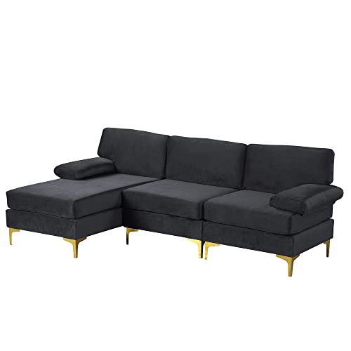 Casa Andrea Milano Modern Sectional Sofa L Shaped Velvet Couch, with Extra Wide Chaise Lounge and Gold Legs