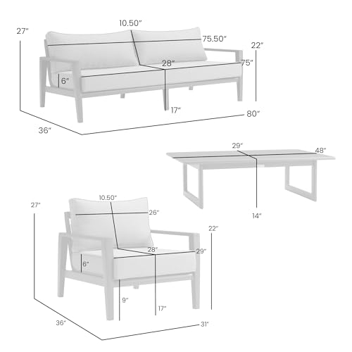 Armen Living Grand 4 Piece Black Aluminum Outdoor Seating Set with Dark Gray Cushions