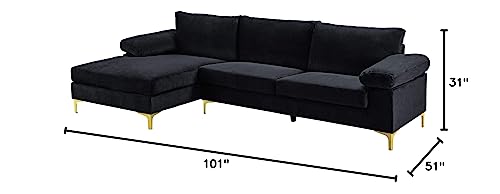 Casa Andrea Milano Modern Sectional Sofa L Shaped Velvet Couch, with Extra Wide Chaise Lounge and Gold Legs