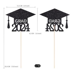 Gexolenu 10 Pack Black Graduation Centerpieces for Tables, 2024 Graduation Glitter Double-Sided Cap Table Decorations Party Centerpiece Sticks Table Topper Party Favors Supplies