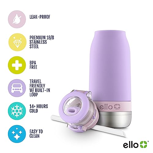 Ello Emma 14oz Vacuum Insulated Stainless Steel Kids Water Bottle with Straw and Built-in Carrying Handle and Leak-Proof Locking Lid for School Backpack, Lunchbox and Outdoor Sports, Lilac