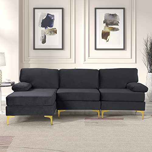 Casa Andrea Milano Modern Sectional Sofa L Shaped Velvet Couch, with Extra Wide Chaise Lounge and Gold Legs