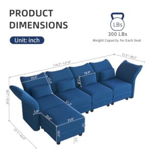 LLappuil Velvet Modular Sectional Sofa L Shaped Corner Couch with Storage, 127.8" 5-Seater Modern Sofa with Chaise, High Back Recliner Sleeper Couches, Anti-Scratch Blue