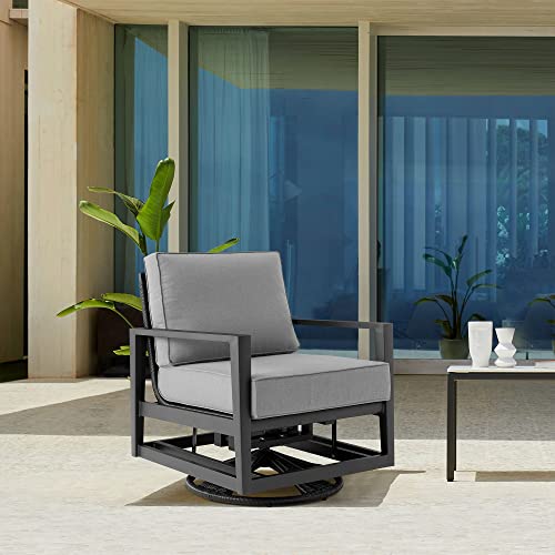 Armen Living Grand Black Aluminum Outdoor Swivel Glider Chair with Dark Gray Cushions