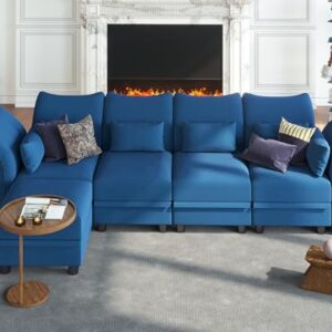 LLappuil Velvet Modular Sectional Sofa L Shaped Corner Couch with Storage, 127.8" 5-Seater Modern Sofa with Chaise, High Back Recliner Sleeper Couches, Anti-Scratch Blue