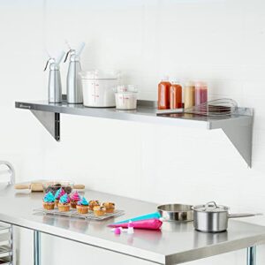 Restaurantware Kitchen Tek 12 x 60 Inch Restaurant Shelf 1 Heavy-Duty Stainless Shelf - 214-lb. Capacity Smooth Edges Stainless Steel 430 Commercial Shelf Easy To Clean Includes 2 Support Brackets