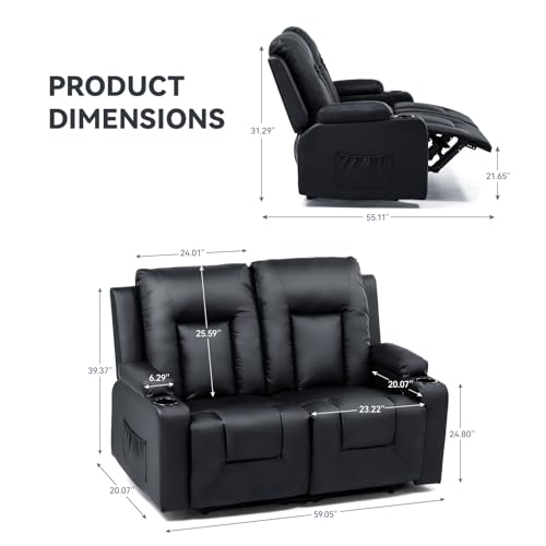 COMHOMA Leather Recliner Modern Loveseat Sofa, 2 Leather Recliner Chair,Modern Small Sofa Couch,2 Seater PU Loveseat,Modern Couches for Living Room with Drink Holders Living Room Chair Loveseat Sofa