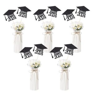 Gexolenu 10 Pack Black Graduation Centerpieces for Tables, 2024 Graduation Glitter Double-Sided Cap Table Decorations Party Centerpiece Sticks Table Topper Party Favors Supplies