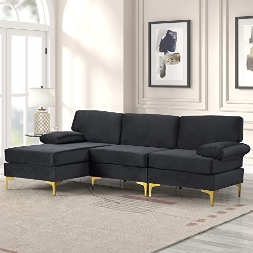 Casa Andrea Milano Modern Sectional Sofa L Shaped Velvet Couch, with Extra Wide Chaise Lounge and Gold Legs