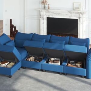 LLappuil Velvet Modular Sectional Sofa L Shaped Corner Couch with Storage, 127.8" 5-Seater Modern Sofa with Chaise, High Back Recliner Sleeper Couches, Anti-Scratch Blue