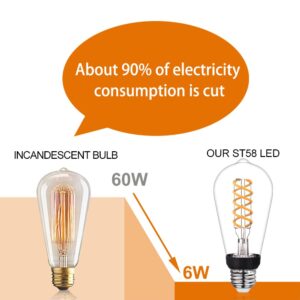 Austin Coast ST19/ST58 Vintage LED Edison Bulb,6W Warm White 2700K, Antique Flexible Spiral LED Filament Light Bulb,600Lm Dimmable with 80+ CRI, 6W Equivalent to 60W, E26 Base, Clear Glass 6 Pack