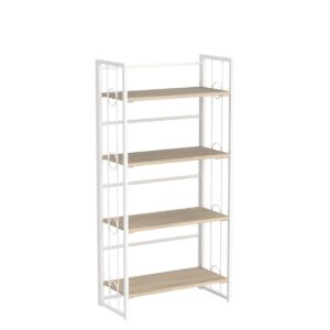 4NM No-Assembly 4 Tiers Folding Bookshelf Storage Shelves Vintage Bookcase Standing Racks Study Organizer Home Office - Natural and White