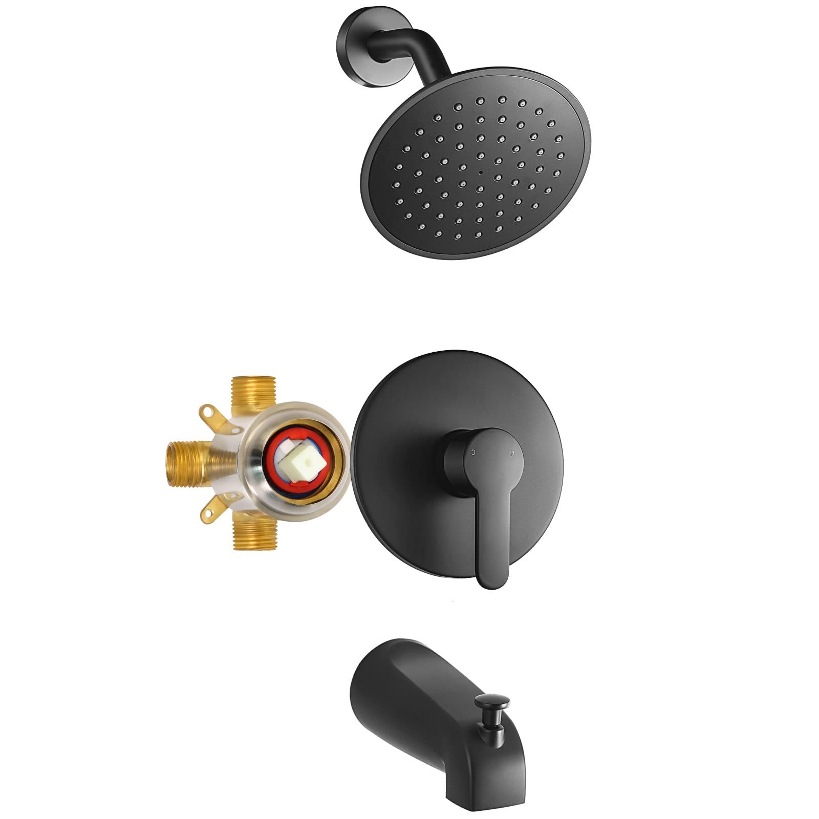 Vantency Black Tub Shower Faucet Set with Valve, Black Shower Head and Handle Set with 6 Inch Rain Shower, Tub and Shower Faucet Combo