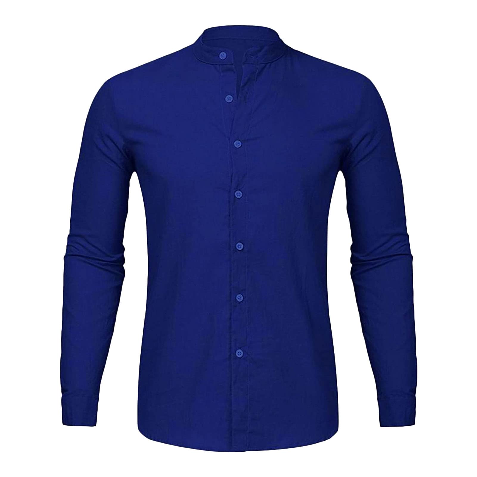 Men Linen Button Up Dress Shirt Long Sleeve Casual Cotton Beach T Shirts Stand Collar Solid Color Summer Yoga Tops (Blue,XX-Large)