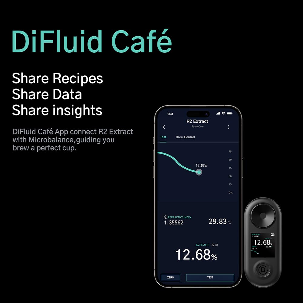 DiFluid R2 Extract Digital Brix Refractometer, Coffee TDS Refractometer, Coffee Concentration Refractometer with OTA Updates DiFluid Café APP, Multi-Test Modes, Range 0-30%, Accuracy 0.03% TDS