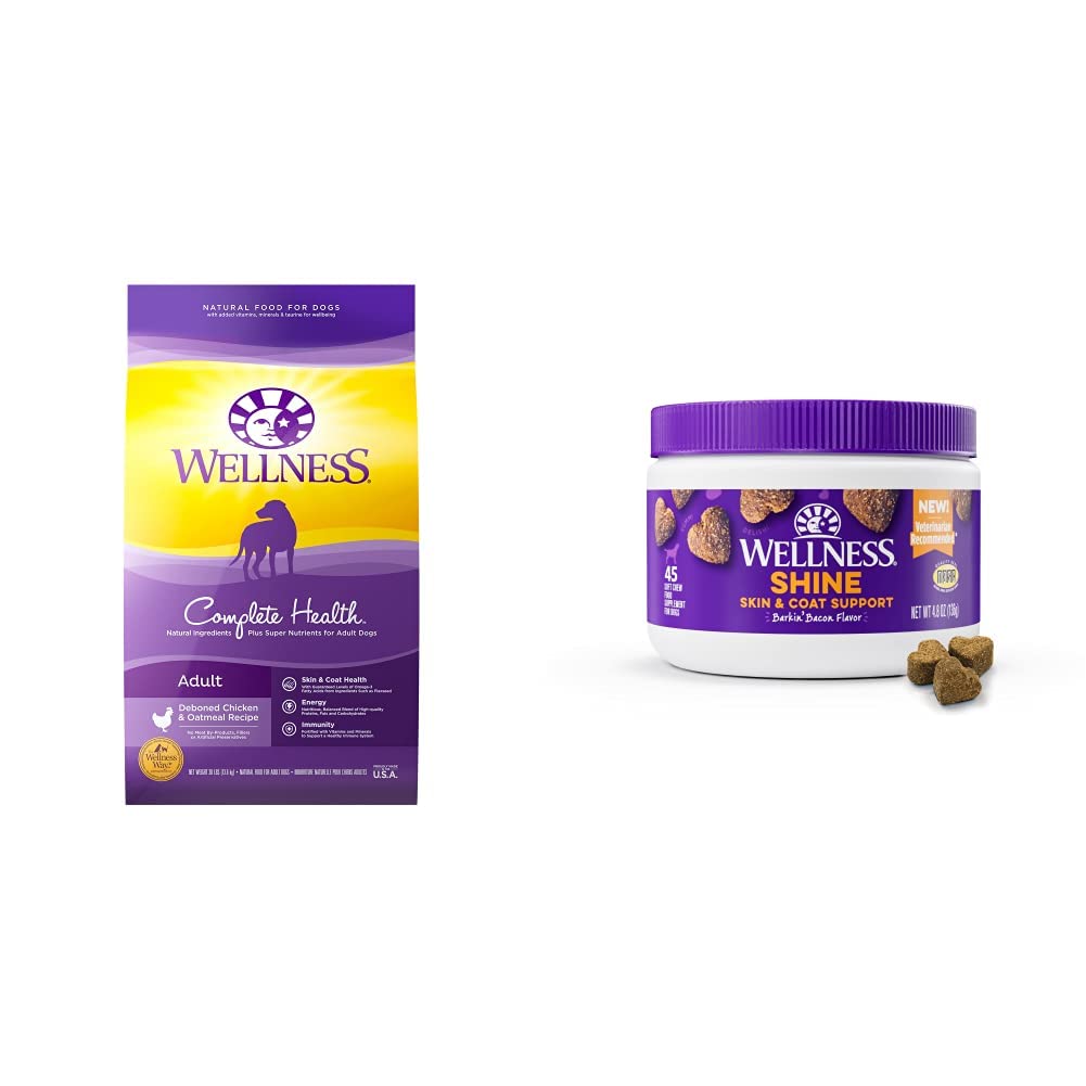 Wellness Complete Health Food + Supplements Bundle: Dry Dog Food with Grains (Chicken & Oatmeal, 30-Pound Bag) Skin & Coat Soft Chew Dog Supplements, Barkin' Bacon Flavored, 45 Count