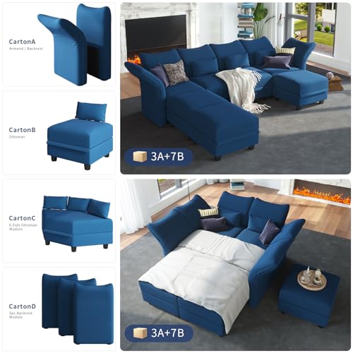 LLappuil Velvet Modular Sectional Sofa L Shaped Corner Couch with Storage, 127.8" 5-Seater Modern Sofa with Chaise, High Back Recliner Sleeper Couches, Anti-Scratch Blue