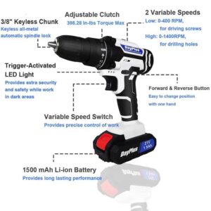 21v Cordless Power Drill Combi Driver Electric Screwdriver Tools Kit,2 Variable Speed 25+1 Torque Setting,29pcs Drill/Driver Bits