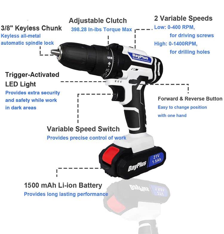 21v Cordless Power Drill Combi Driver Electric Screwdriver Tools Kit,2 Variable Speed 25+1 Torque Setting,29pcs Drill/Driver Bits