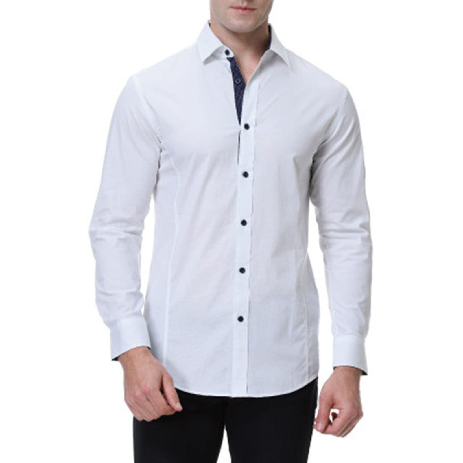 Men's Long Sleeve Stylish Dress Shirts Solid Color Casual Button Down Shirts Turn-Down Collar Shirt Top (White,Medium)