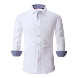 men's long sleeve stylish dress shirts solid color casual button down shirts turn-down collar shirt top (white,medium)