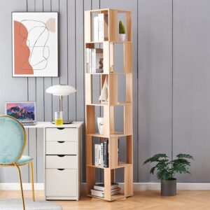 Rotating Bookshelf,6 Tier 360 Floor Standing Revolving Bookcase Storage Rack,Wood Narrow Bookshelf for Small Space,Corner Book Shelf Organizer for Bedroom, Living Room (Burlywood)