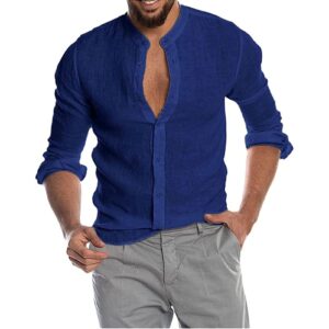 Men Linen Button Up Dress Shirt Long Sleeve Casual Cotton Beach T Shirts Stand Collar Solid Color Summer Yoga Tops (Blue,XX-Large)