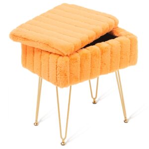 Wimarsbon Faux Mink Fur Storage Ottoman, Modern Soft Footstool, Storage Bench with Metal Legs, Vanity Seat, Fur Stool, Ottoman Coffee Table, Makeup Chair, Vanity Stools for Bedroom (Orange)