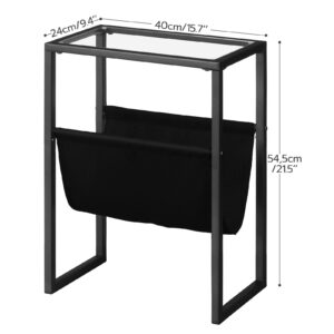 HOOBRO Narrow Side Table, Skinny End Table with Magazine Holder, Thin Bedside Table for Small Spaces Living Room, Small Nightstands Bedroom, Tempered Glass Side Table,Black BK66BZ01