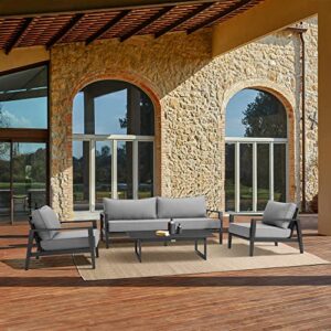 Armen Living Grand 4 Piece Black Aluminum Outdoor Seating Set with Dark Gray Cushions