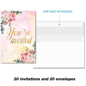 Floral Gold Foil Sweet Sixteen Birthday Party Invitations with Envelopes Set of 20 Gold Glitter Pink Flowers Sweet 16 16th Birthday Party Invites